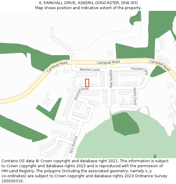 6, PARKHALL DRIVE, ASKERN, DONCASTER, DN6 0FD: Location map and indicative extent of plot