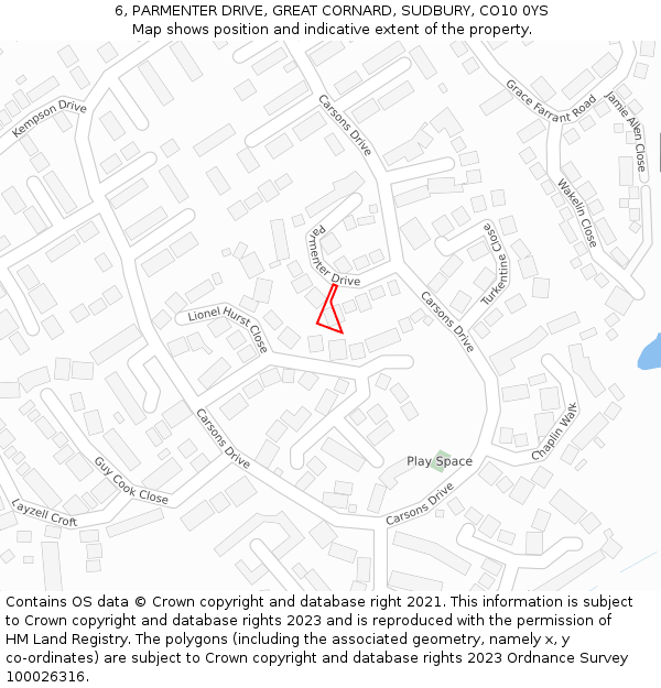 6, PARMENTER DRIVE, GREAT CORNARD, SUDBURY, CO10 0YS: Location map and indicative extent of plot
