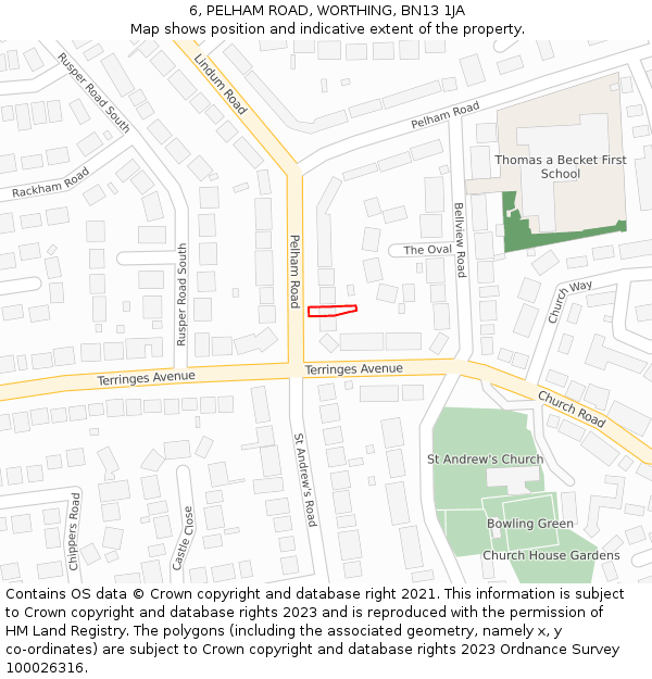 6, PELHAM ROAD, WORTHING, BN13 1JA: Location map and indicative extent of plot