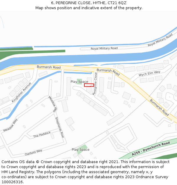 6, PEREGRINE CLOSE, HYTHE, CT21 6QZ: Location map and indicative extent of plot