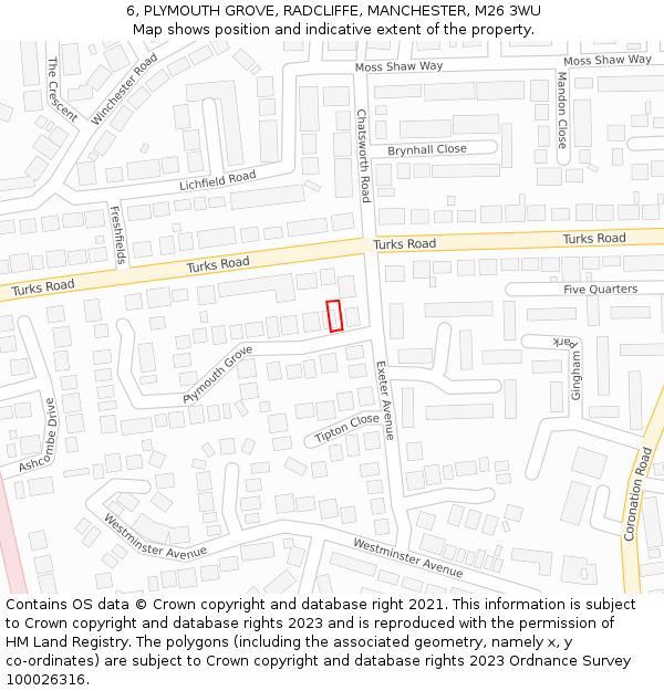6, PLYMOUTH GROVE, RADCLIFFE, MANCHESTER, M26 3WU: Location map and indicative extent of plot