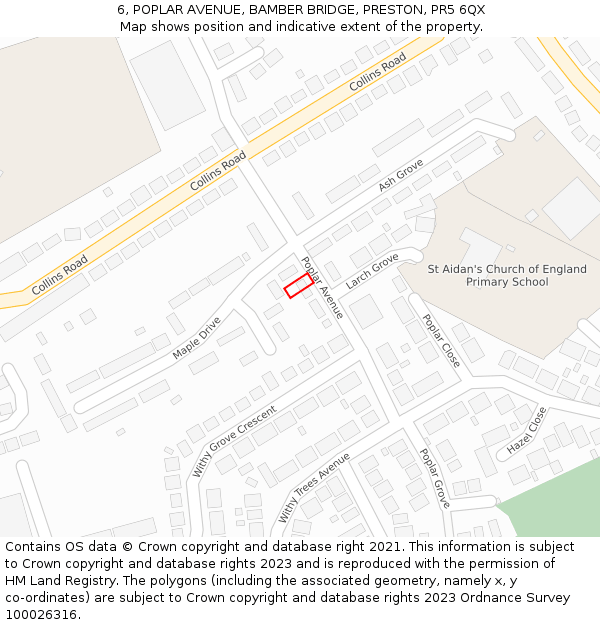 6, POPLAR AVENUE, BAMBER BRIDGE, PRESTON, PR5 6QX: Location map and indicative extent of plot