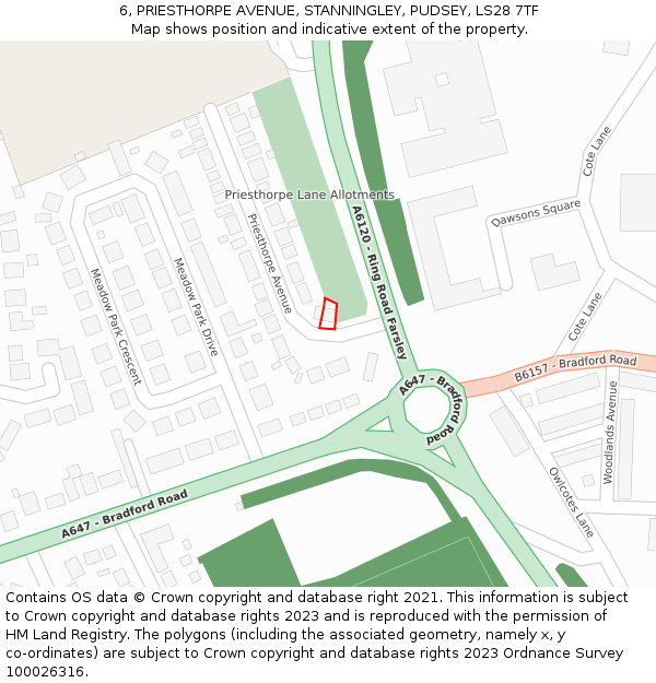 6, PRIESTHORPE AVENUE, STANNINGLEY, PUDSEY, LS28 7TF: Location map and indicative extent of plot
