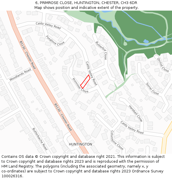 6, PRIMROSE CLOSE, HUNTINGTON, CHESTER, CH3 6DR: Location map and indicative extent of plot
