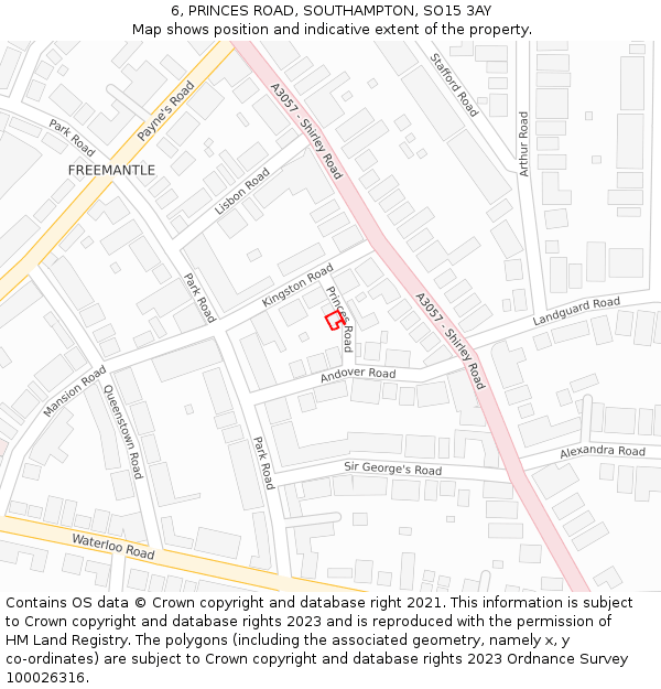 6, PRINCES ROAD, SOUTHAMPTON, SO15 3AY: Location map and indicative extent of plot