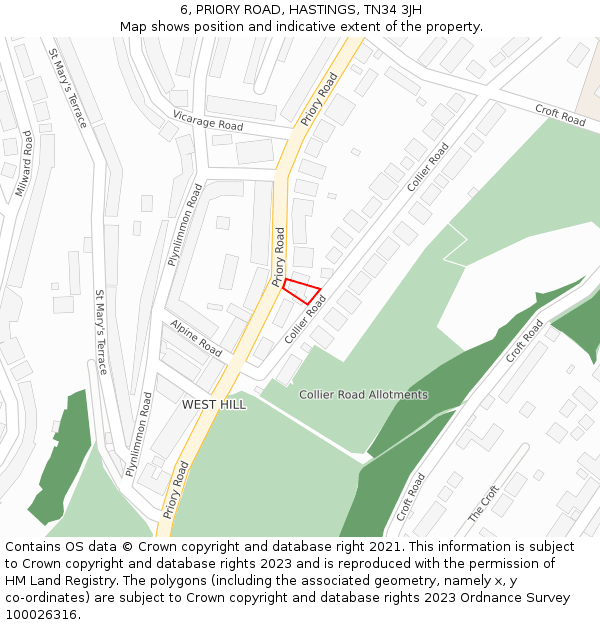 6, PRIORY ROAD, HASTINGS, TN34 3JH: Location map and indicative extent of plot