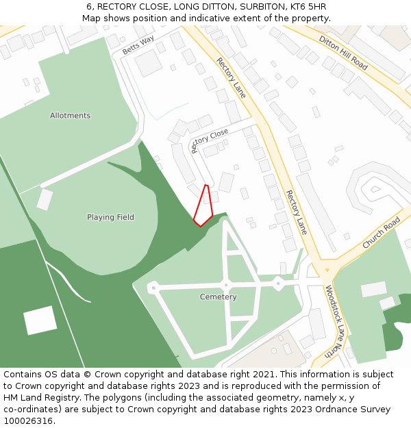 6, RECTORY CLOSE, LONG DITTON, SURBITON, KT6 5HR: Location map and indicative extent of plot