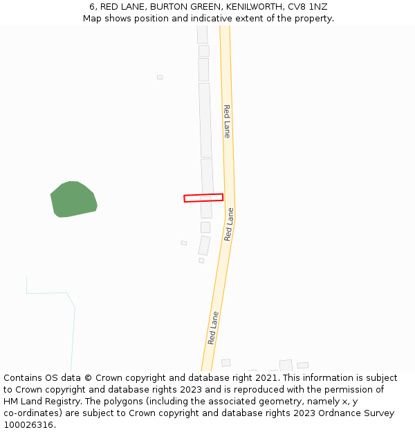 6, RED LANE, BURTON GREEN, KENILWORTH, CV8 1NZ: Location map and indicative extent of plot