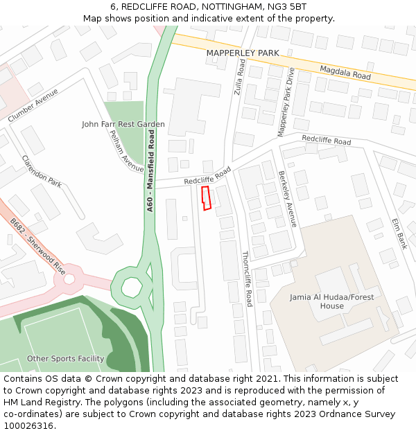 6, REDCLIFFE ROAD, NOTTINGHAM, NG3 5BT: Location map and indicative extent of plot