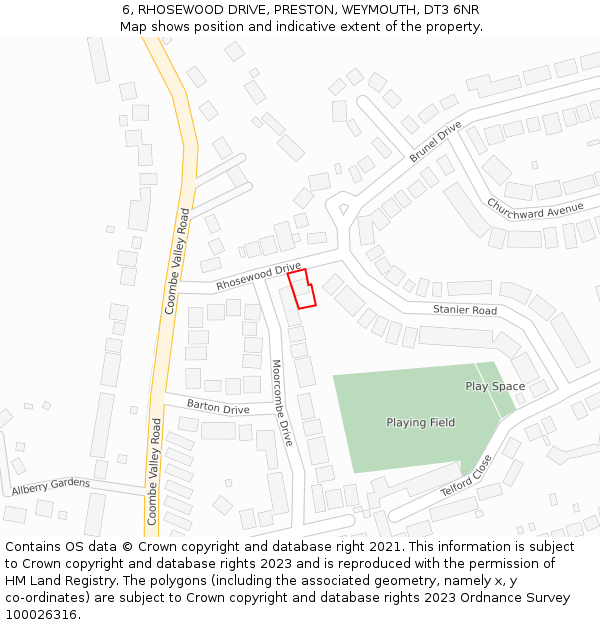 6, RHOSEWOOD DRIVE, PRESTON, WEYMOUTH, DT3 6NR: Location map and indicative extent of plot
