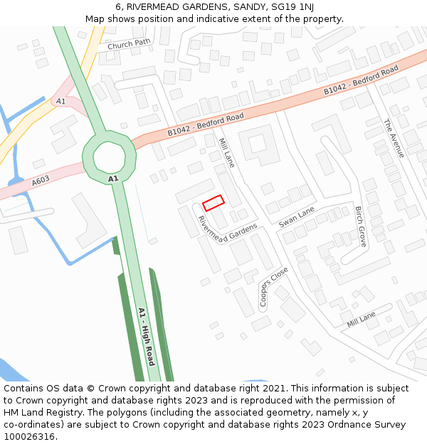 6, RIVERMEAD GARDENS, SANDY, SG19 1NJ: Location map and indicative extent of plot