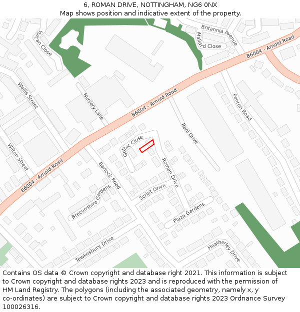 6, ROMAN DRIVE, NOTTINGHAM, NG6 0NX: Location map and indicative extent of plot