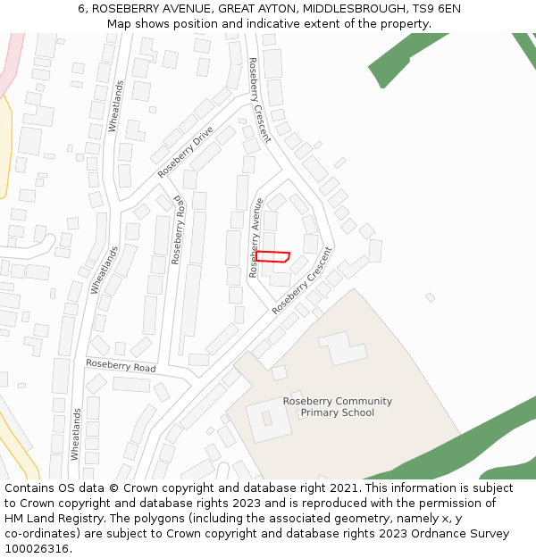 6, ROSEBERRY AVENUE, GREAT AYTON, MIDDLESBROUGH, TS9 6EN: Location map and indicative extent of plot