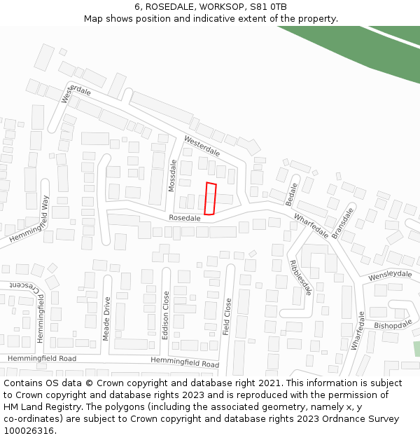 6, ROSEDALE, WORKSOP, S81 0TB: Location map and indicative extent of plot
