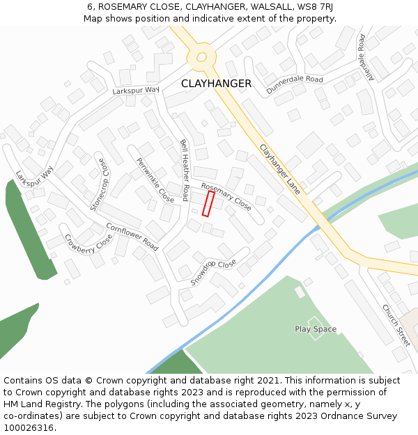 6, ROSEMARY CLOSE, CLAYHANGER, WALSALL, WS8 7RJ: Location map and indicative extent of plot