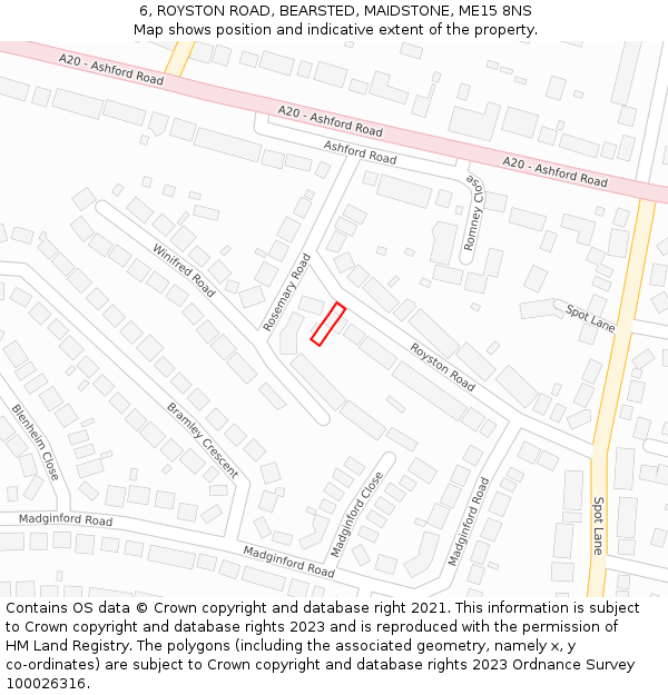 6, ROYSTON ROAD, BEARSTED, MAIDSTONE, ME15 8NS: Location map and indicative extent of plot