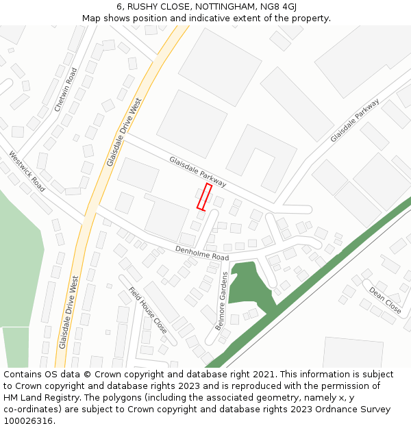6, RUSHY CLOSE, NOTTINGHAM, NG8 4GJ: Location map and indicative extent of plot