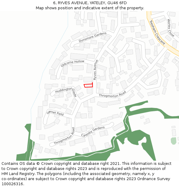 6, RYVES AVENUE, YATELEY, GU46 6FD: Location map and indicative extent of plot