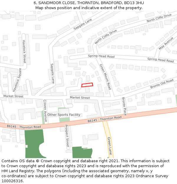 6, SANDMOOR CLOSE, THORNTON, BRADFORD, BD13 3HU: Location map and indicative extent of plot