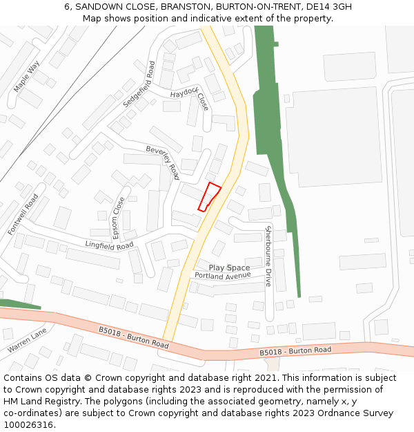 6, SANDOWN CLOSE, BRANSTON, BURTON-ON-TRENT, DE14 3GH: Location map and indicative extent of plot