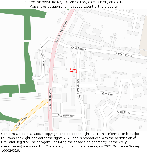 6, SCOTSDOWNE ROAD, TRUMPINGTON, CAMBRIDGE, CB2 9HU: Location map and indicative extent of plot