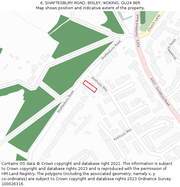 6, SHAFTESBURY ROAD, BISLEY, WOKING, GU24 9ER: Location map and indicative extent of plot