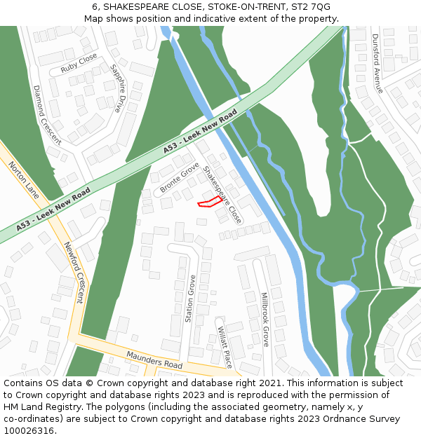6, SHAKESPEARE CLOSE, STOKE-ON-TRENT, ST2 7QG: Location map and indicative extent of plot