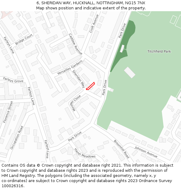 6, SHERIDAN WAY, HUCKNALL, NOTTINGHAM, NG15 7NX: Location map and indicative extent of plot