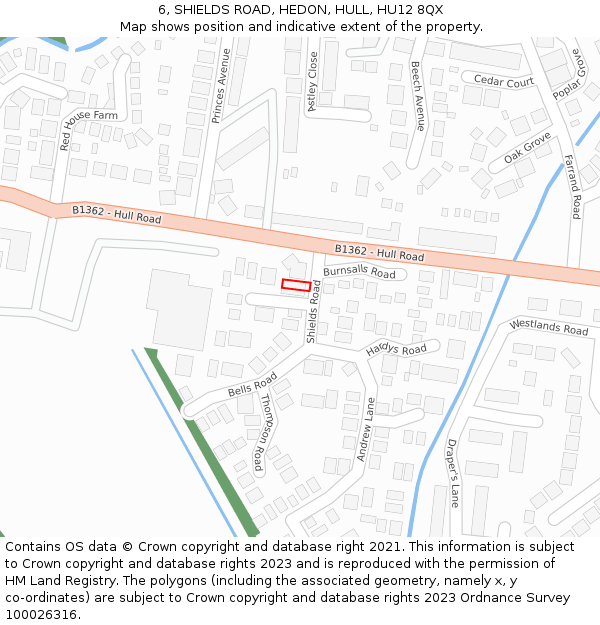 6, SHIELDS ROAD, HEDON, HULL, HU12 8QX: Location map and indicative extent of plot