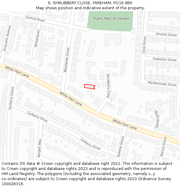 6, SHRUBBERY CLOSE, FAREHAM, PO16 9BX: Location map and indicative extent of plot