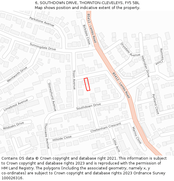 6, SOUTHDOWN DRIVE, THORNTON-CLEVELEYS, FY5 5BL: Location map and indicative extent of plot