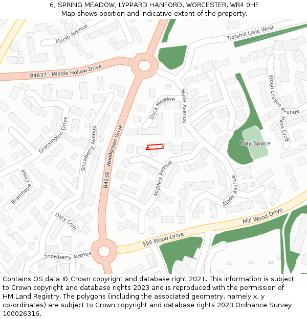 6, SPRING MEADOW, LYPPARD HANFORD, WORCESTER, WR4 0HF: Location map and indicative extent of plot