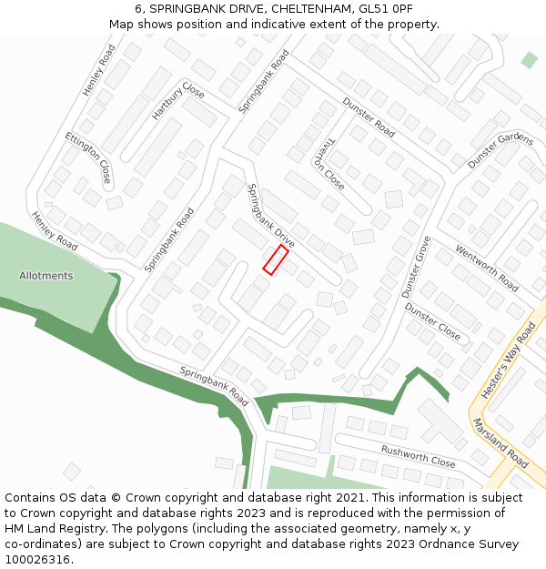 6, SPRINGBANK DRIVE, CHELTENHAM, GL51 0PF: Location map and indicative extent of plot