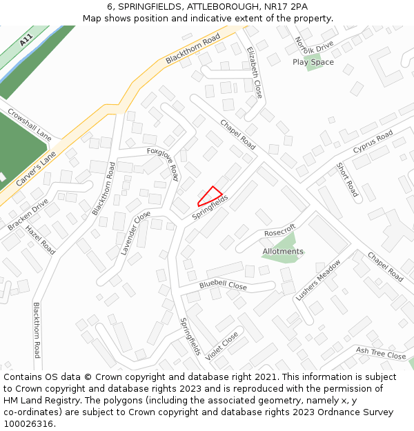 6, SPRINGFIELDS, ATTLEBOROUGH, NR17 2PA: Location map and indicative extent of plot