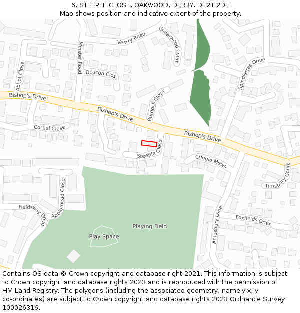 6, STEEPLE CLOSE, OAKWOOD, DERBY, DE21 2DE: Location map and indicative extent of plot