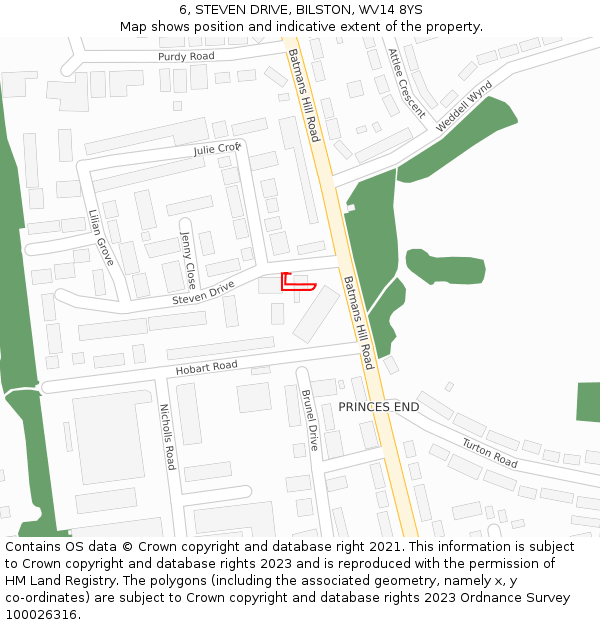 6, STEVEN DRIVE, BILSTON, WV14 8YS: Location map and indicative extent of plot