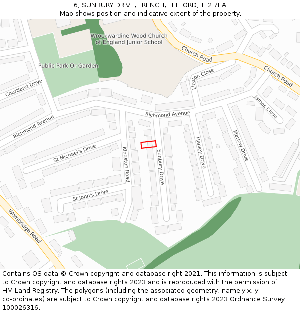 6, SUNBURY DRIVE, TRENCH, TELFORD, TF2 7EA: Location map and indicative extent of plot