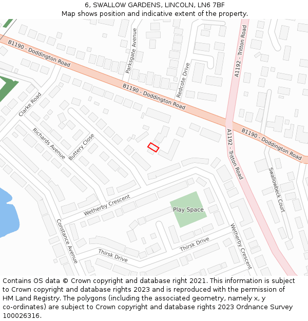 6, SWALLOW GARDENS, LINCOLN, LN6 7BF: Location map and indicative extent of plot