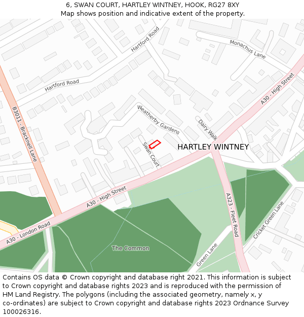 6, SWAN COURT, HARTLEY WINTNEY, HOOK, RG27 8XY: Location map and indicative extent of plot