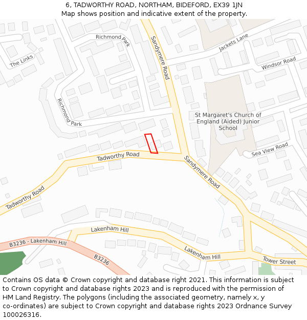6, TADWORTHY ROAD, NORTHAM, BIDEFORD, EX39 1JN: Location map and indicative extent of plot