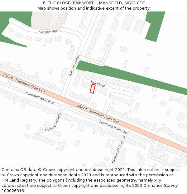 6, THE CLOSE, RAINWORTH, MANSFIELD, NG21 0DF: Location map and indicative extent of plot