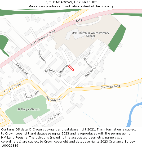 6, THE MEADOWS, USK, NP15 1BT: Location map and indicative extent of plot