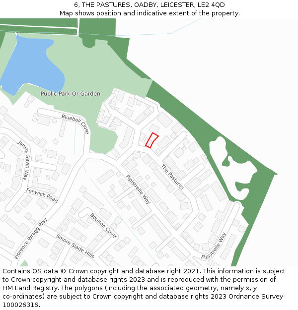 6, THE PASTURES, OADBY, LEICESTER, LE2 4QD: Location map and indicative extent of plot