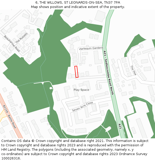 6, THE WILLOWS, ST LEONARDS-ON-SEA, TN37 7PA: Location map and indicative extent of plot