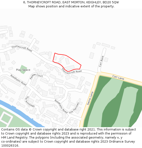 6, THORNEYCROFT ROAD, EAST MORTON, KEIGHLEY, BD20 5QW: Location map and indicative extent of plot
