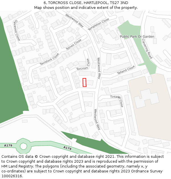 6, TORCROSS CLOSE, HARTLEPOOL, TS27 3ND: Location map and indicative extent of plot