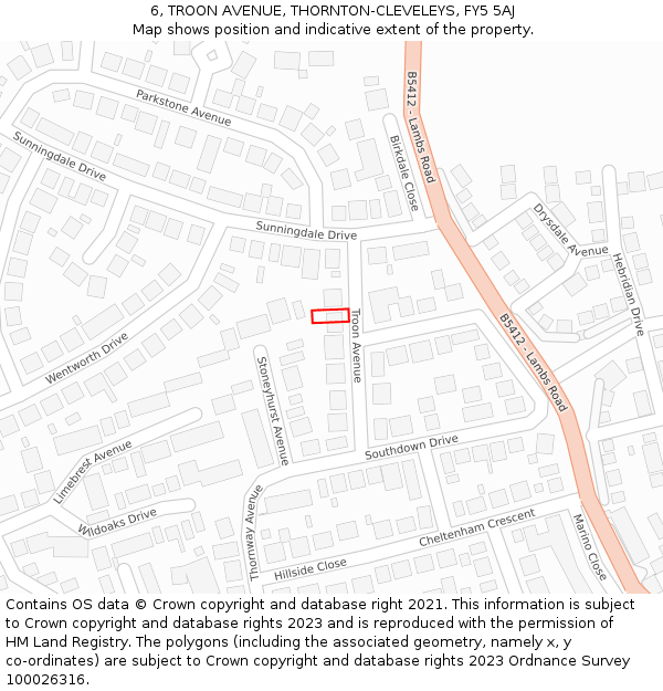 6, TROON AVENUE, THORNTON-CLEVELEYS, FY5 5AJ: Location map and indicative extent of plot