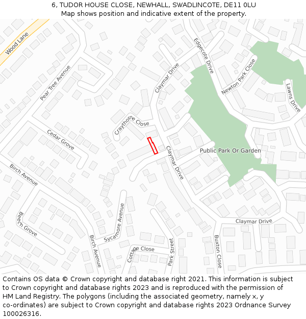 6, TUDOR HOUSE CLOSE, NEWHALL, SWADLINCOTE, DE11 0LU: Location map and indicative extent of plot
