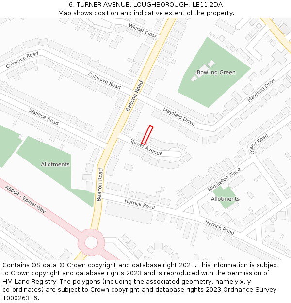 6, TURNER AVENUE, LOUGHBOROUGH, LE11 2DA: Location map and indicative extent of plot
