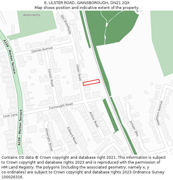 6, ULSTER ROAD, GAINSBOROUGH, DN21 2QX: Location map and indicative extent of plot